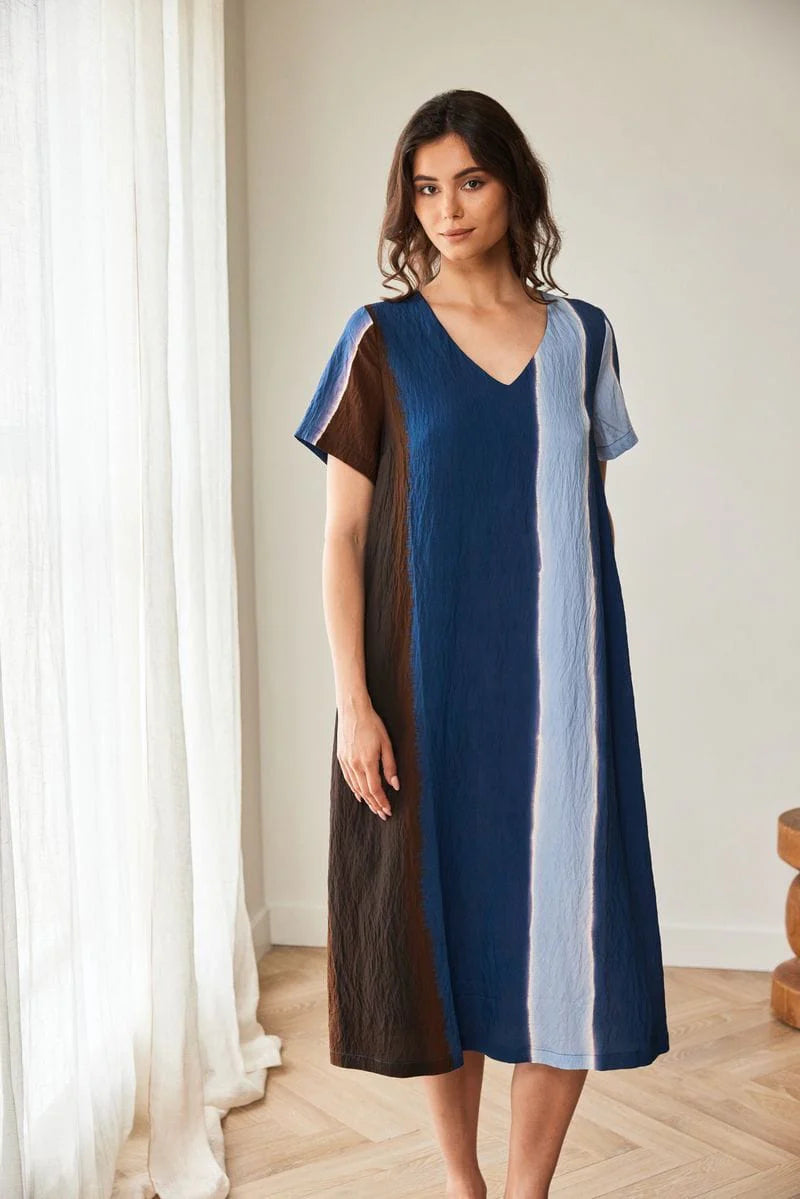 peruzzi multi stripe dress in blue  Lisa Baker Boutiques