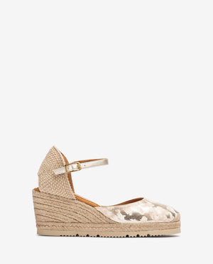 Unisa Castilla espadrille wedge heels with gold leopard print pattern