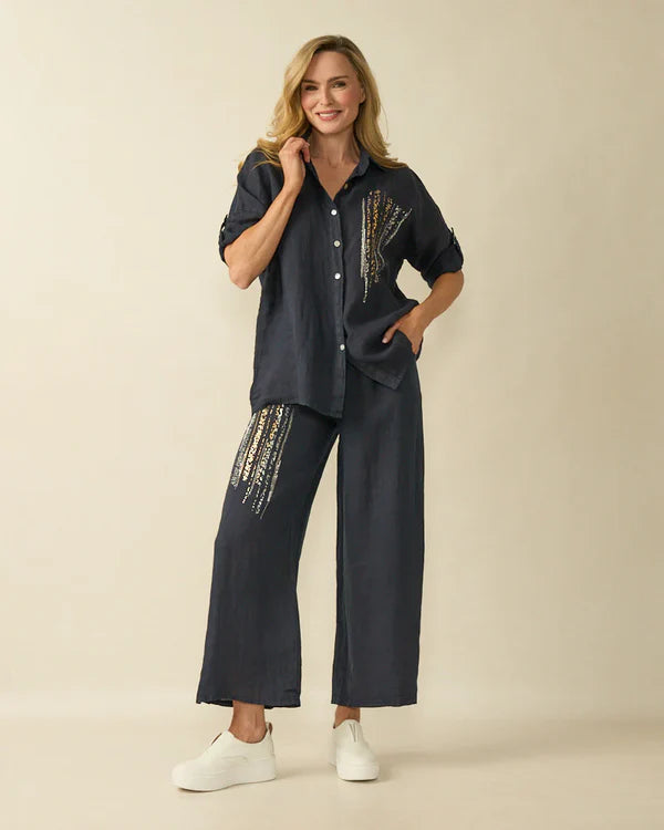 deck linen embellished shirt in navy