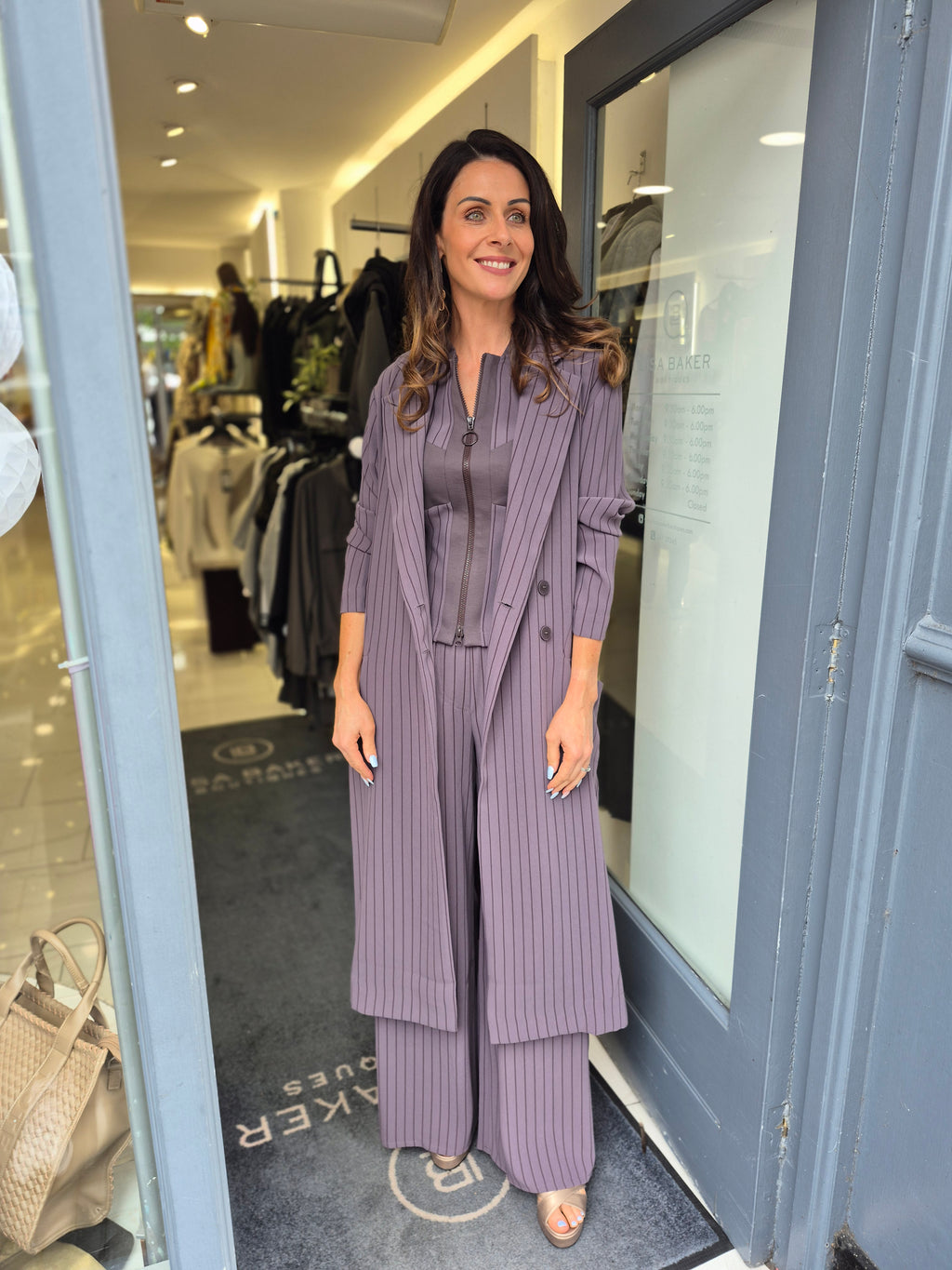 ania schierholt striped longline coat in mauve