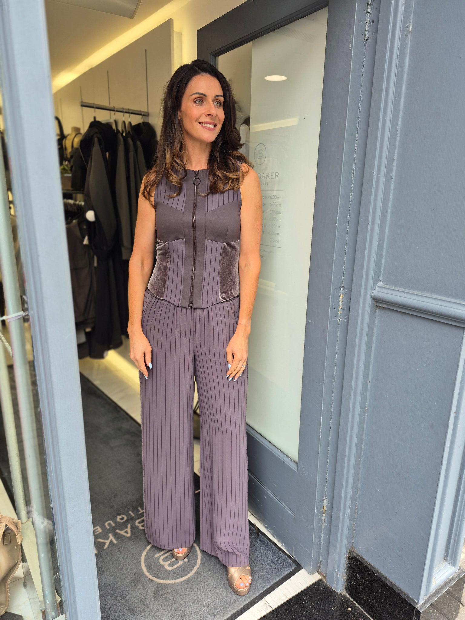 ania schierholt stripe wide leg trousers in mauve