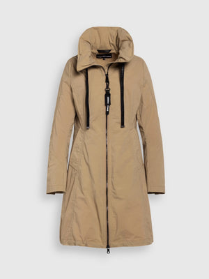 Creenstone June raincoat with ruffle sleeve detail and high neck in tan 