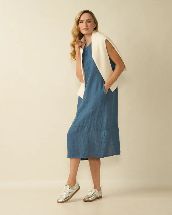 deck striped linen dress in navy