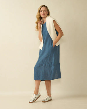 deck striped linen dress in navy