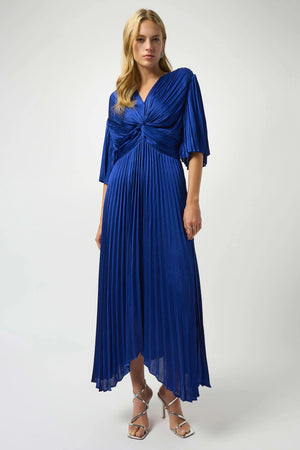 joseph ribkoff pleated satin dress in royal blue