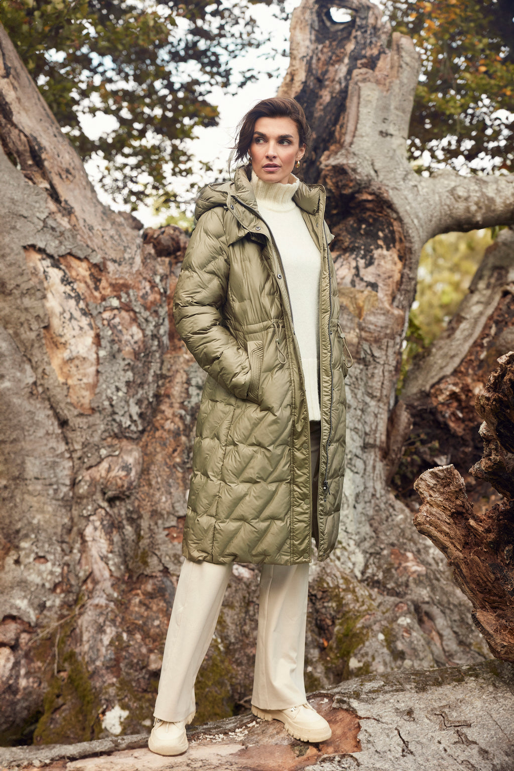 frandsen quilted longline coat in olive