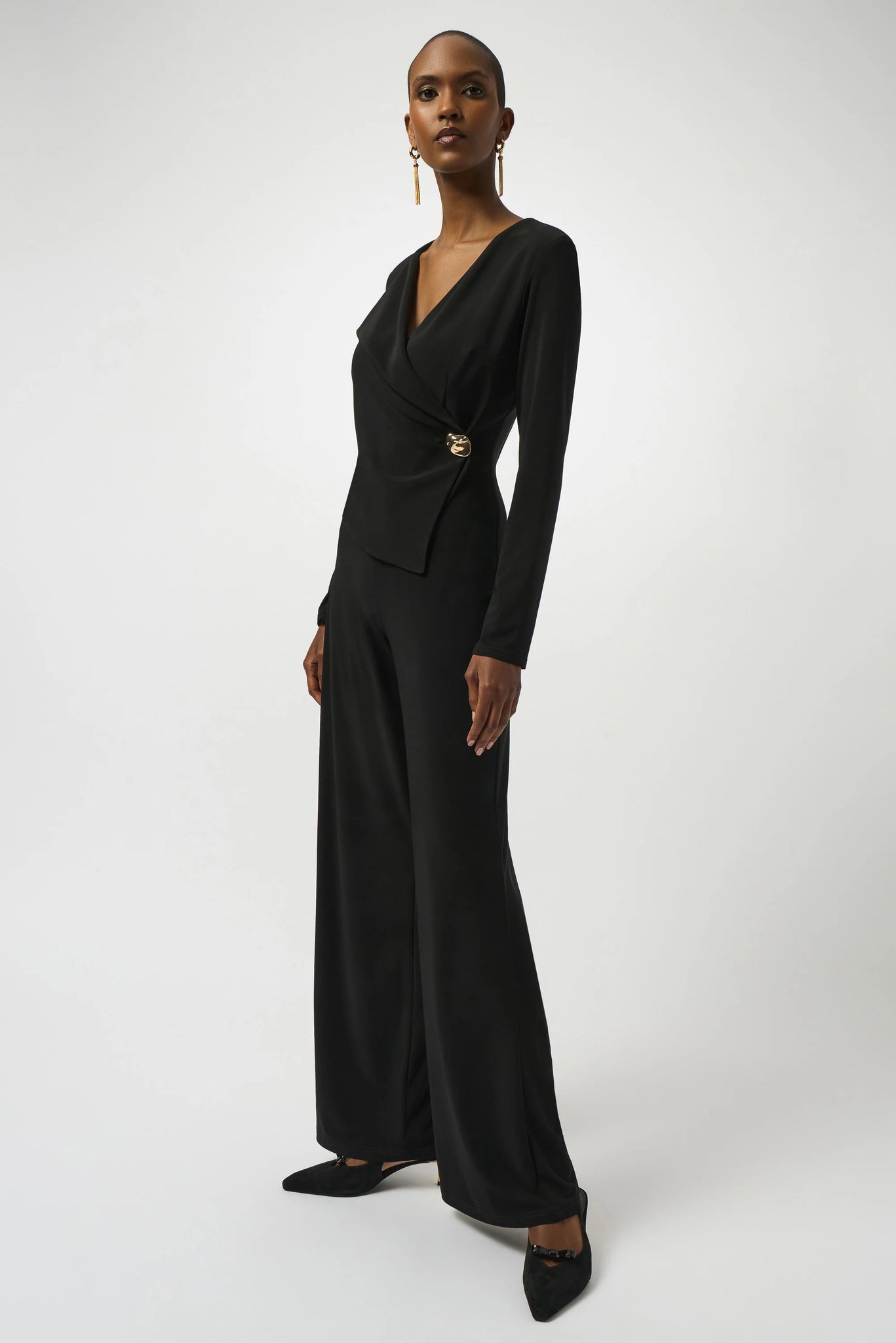 joseph ribkoff silky knit wide leg jumpsuit in black