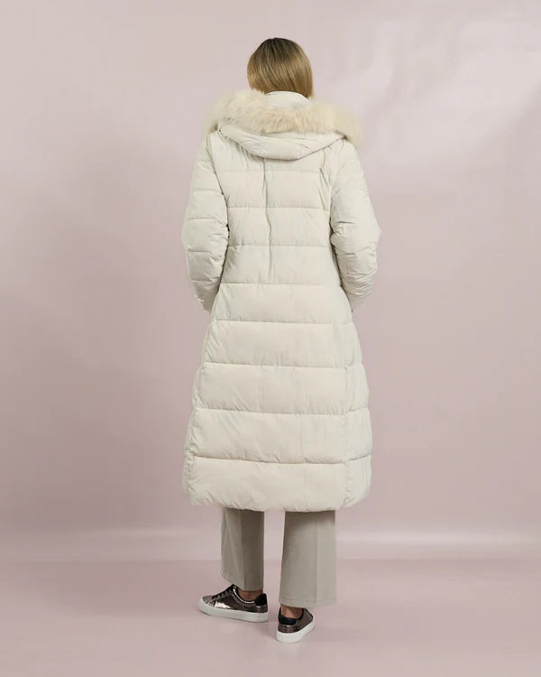 DECK FAUX FUR TRIM HOODED COAT IN CREAM