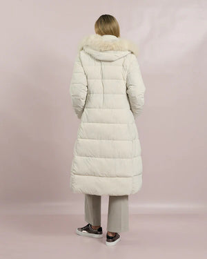 DECK FAUX FUR TRIM HOODED COAT IN CREAM