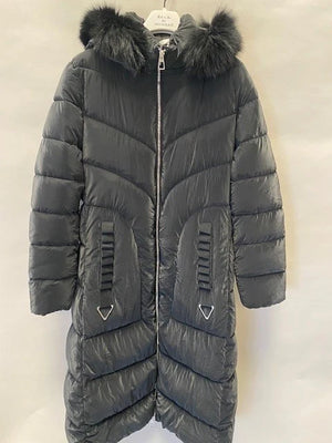 DECK FAUX FUR TRIM HOODED COAT IN BLACK