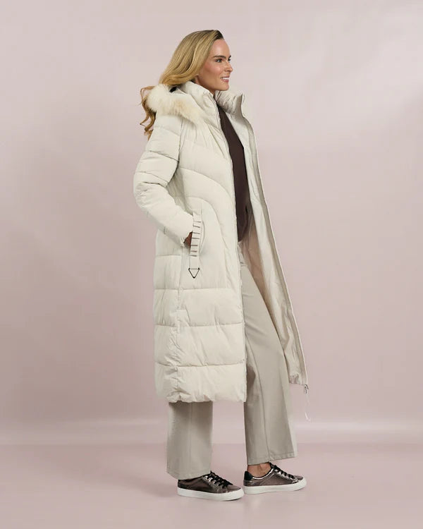 DECK FAUX FUR TRIM HOODED COAT IN CREAM