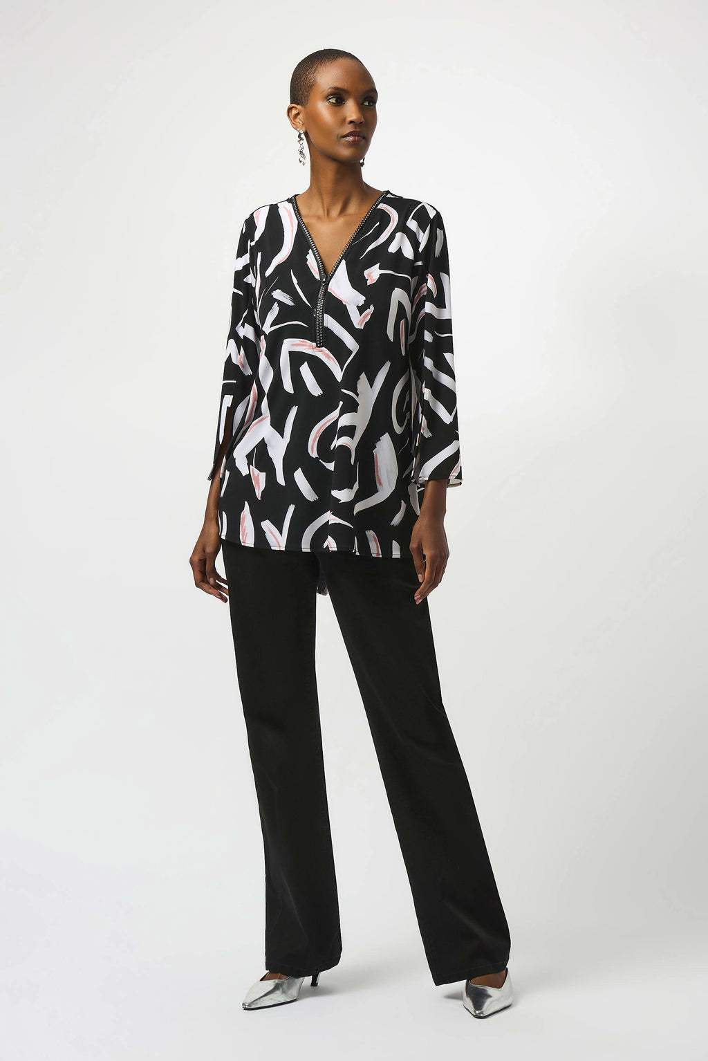 joseph ribkoff silky knit printed fit and flare tunic in black & white