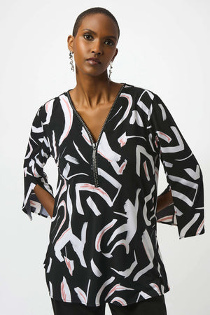 joseph ribkoff silky knit printed fit and flare tunic in black & white