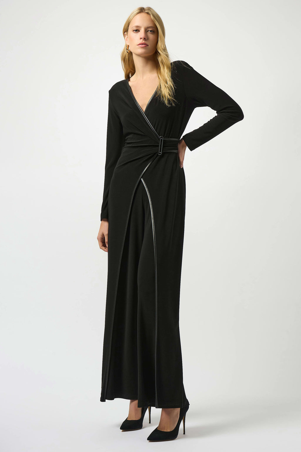 joseph ribkoff silky knit & leatherette wide leg jumpsuit in black