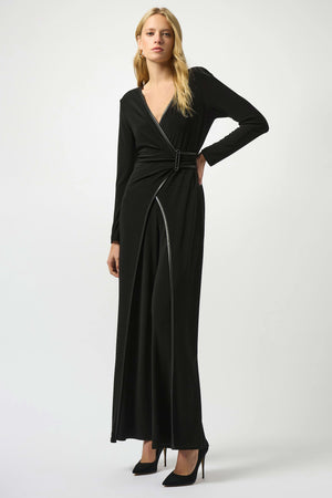 joseph ribkoff silky knit & leatherette wide leg jumpsuit in black