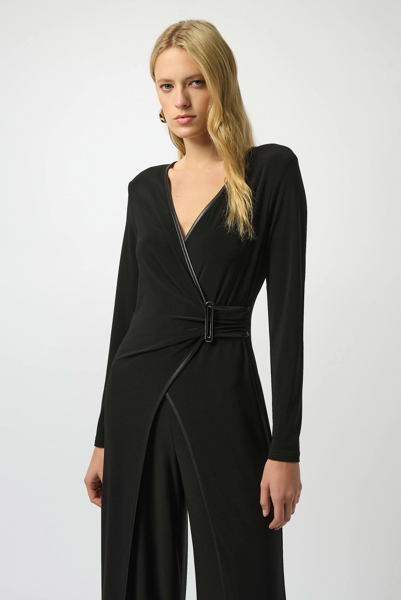 joseph ribkoff silky knit & leatherette wide leg jumpsuit in black