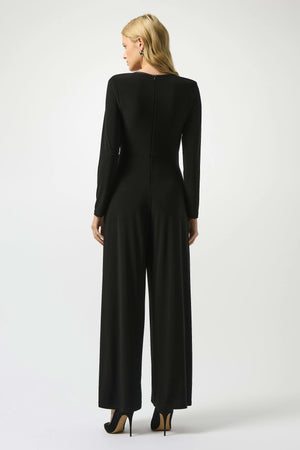joseph ribkoff silky knit & leatherette wide leg jumpsuit in black