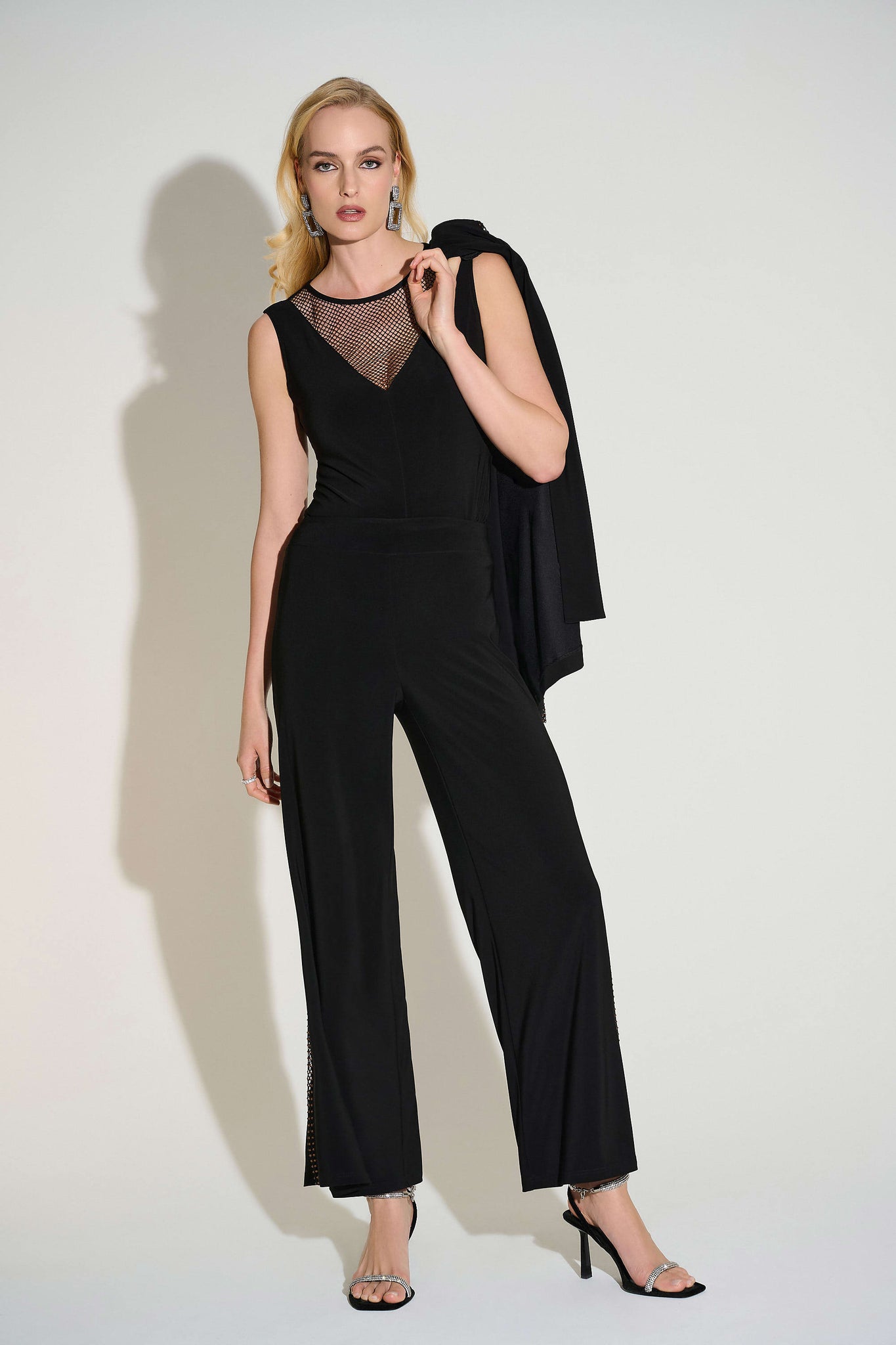 joseph ribkoff sparkle fishnet sleeveless top in black