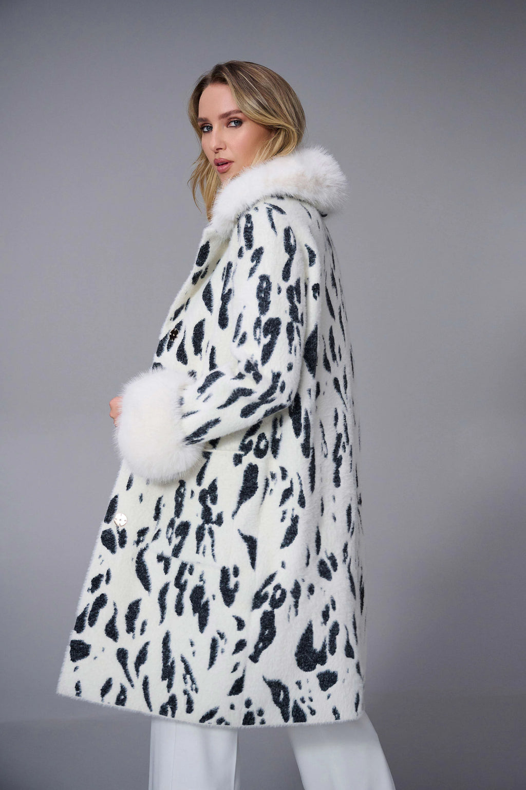 joseph ribkoff feather yarn animal jacquard coat with faux fur trims in off-white