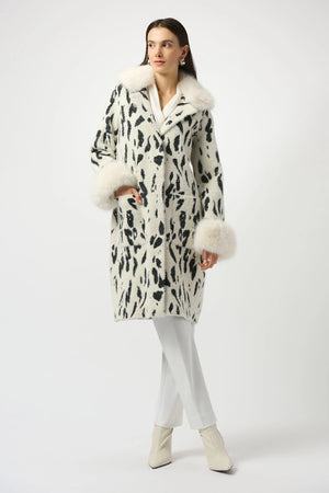 joseph ribkoff feather yarn animal jacquard coat with faux fur trims in off-white