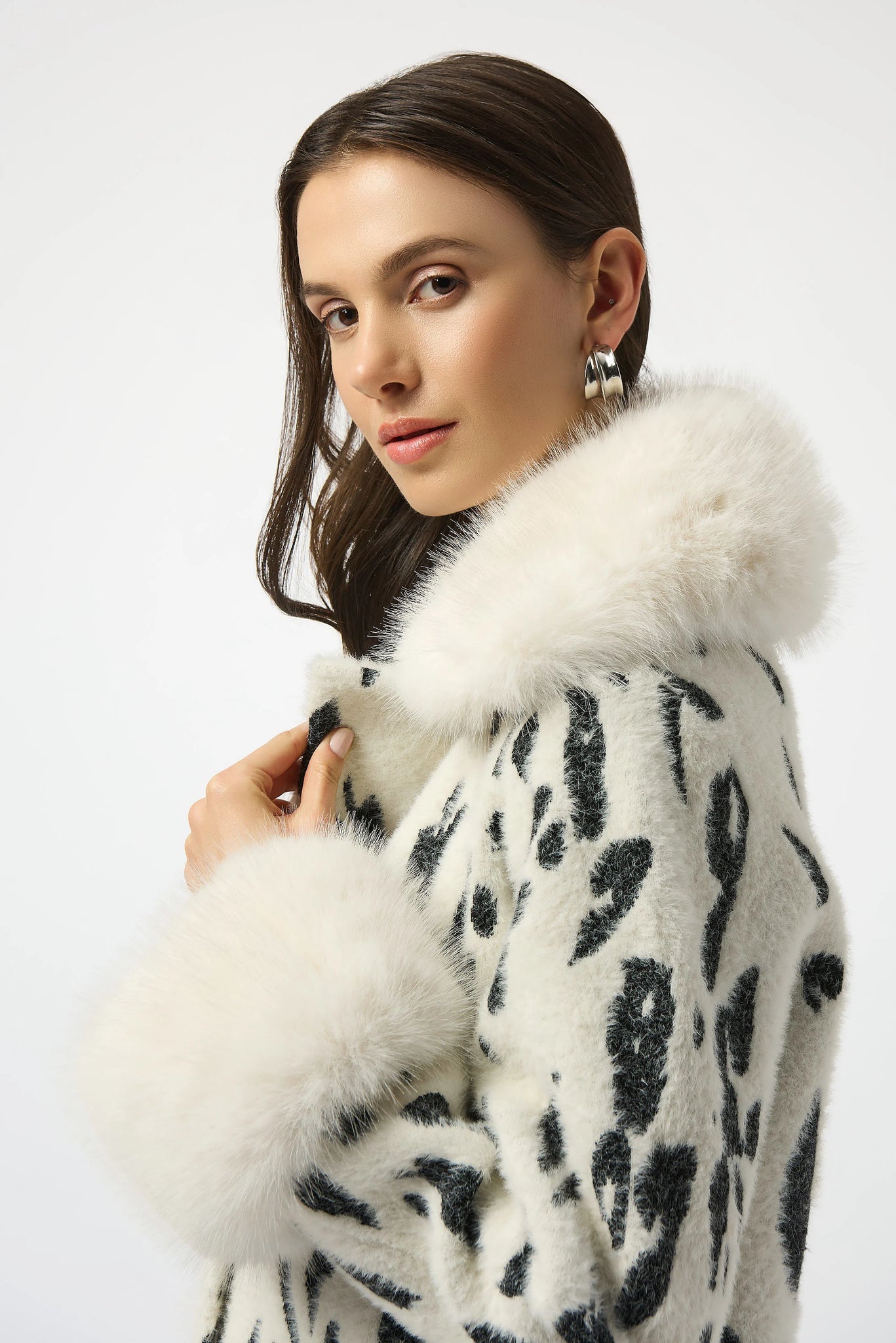 joseph ribkoff feather yarn animal jacquard coat with faux fur trims in off-white