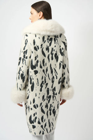 joseph ribkoff feather yarn animal jacquard coat with faux fur trims in off-white