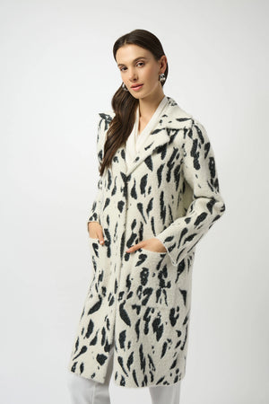 joseph ribkoff feather yarn animal jacquard coat with faux fur trims in off-white