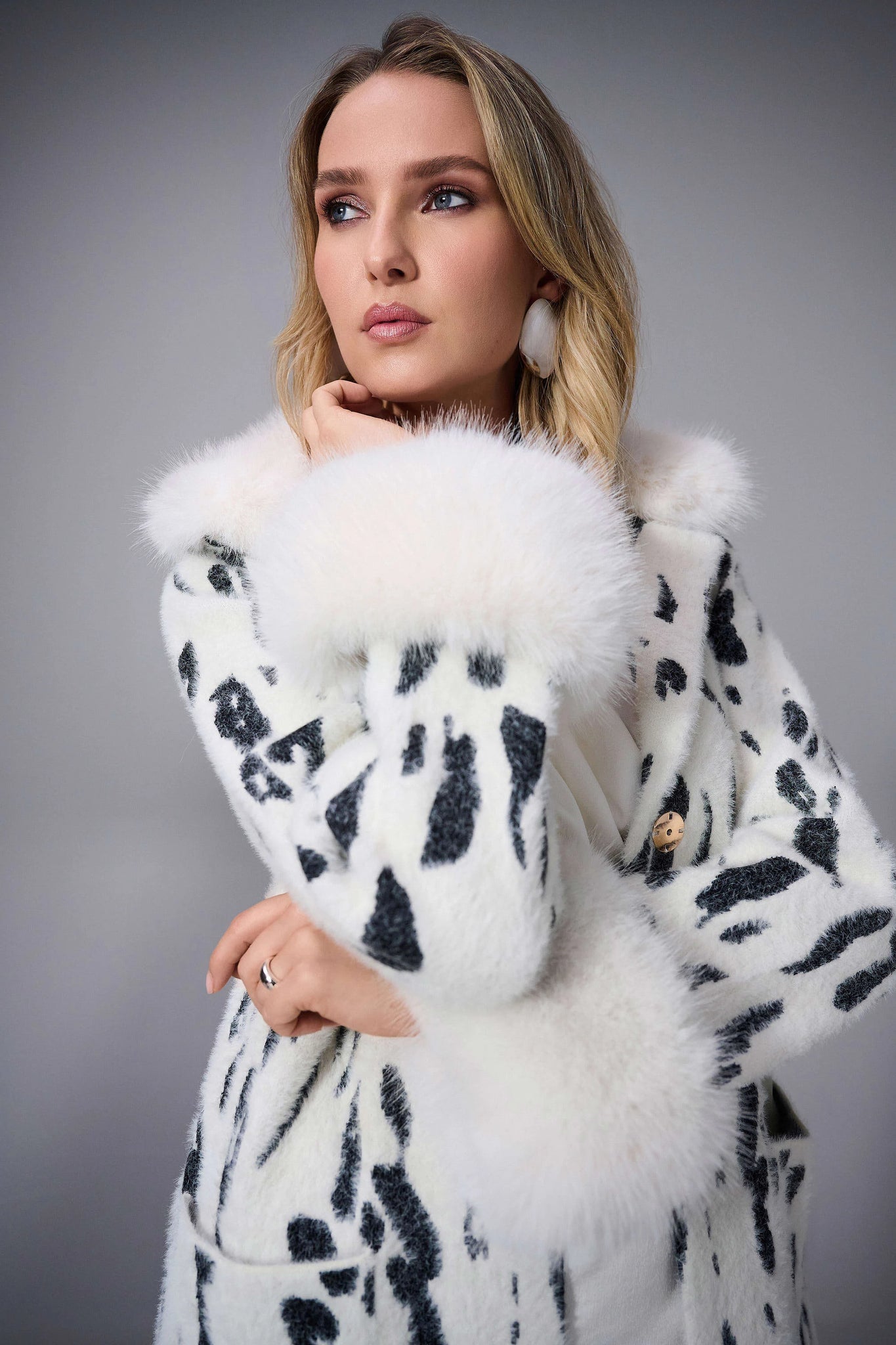 joseph ribkoff feather yarn animal jacquard coat with faux fur trims in off-white