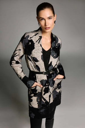 joseph ribkoff abstract jacquard sweater knit long cardigan in taupe & black
