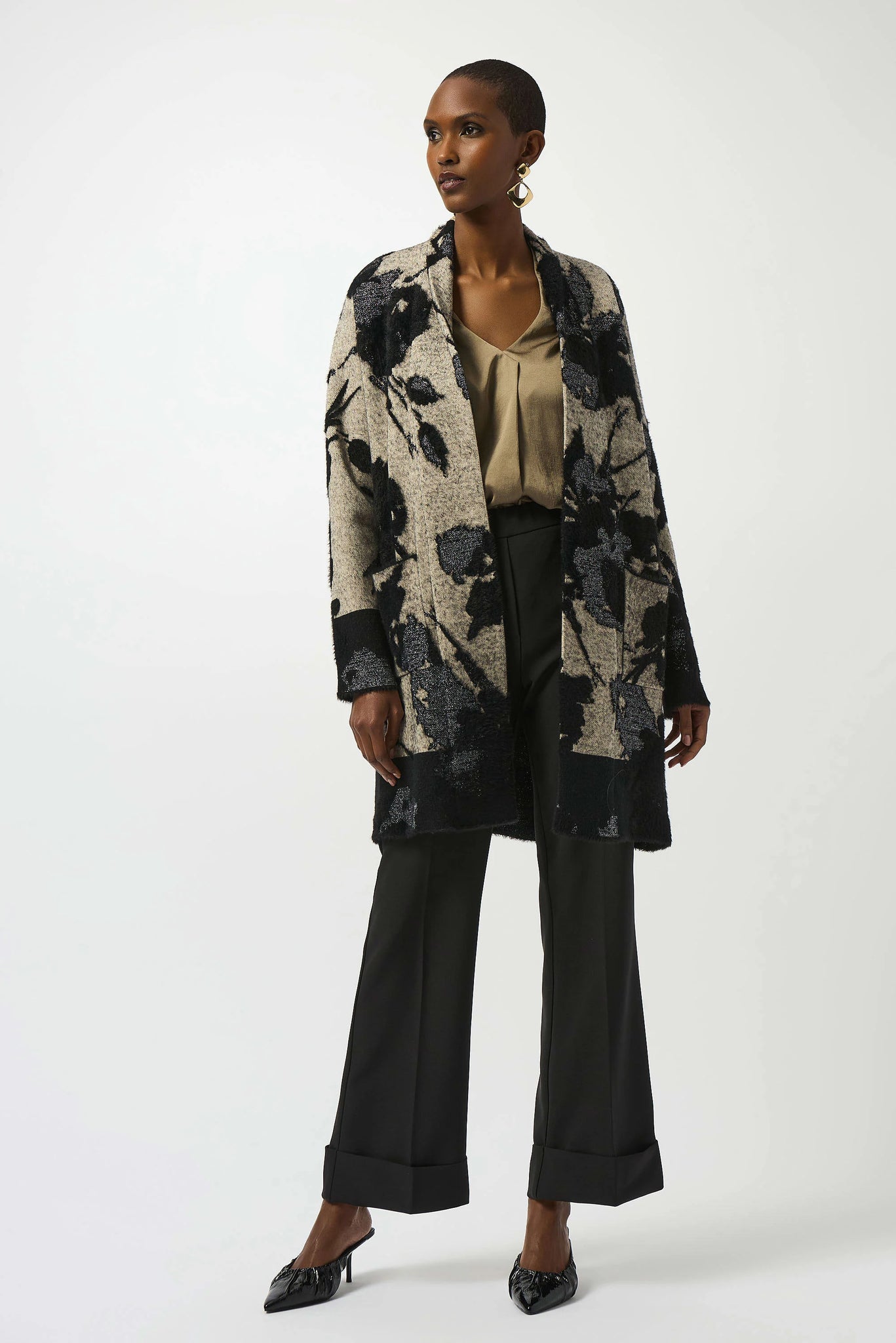 joseph ribkoff abstract jacquard sweater knit long cardigan in taupe & black