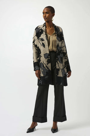 joseph ribkoff abstract jacquard sweater knit long cardigan in taupe & black