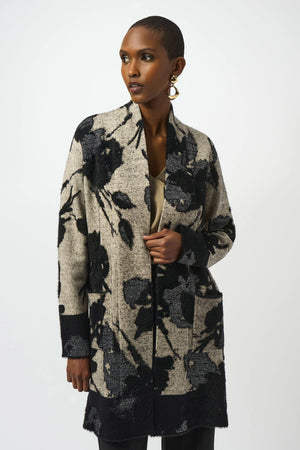 joseph ribkoff abstract jacquard sweater knit long cardigan in taupe & black