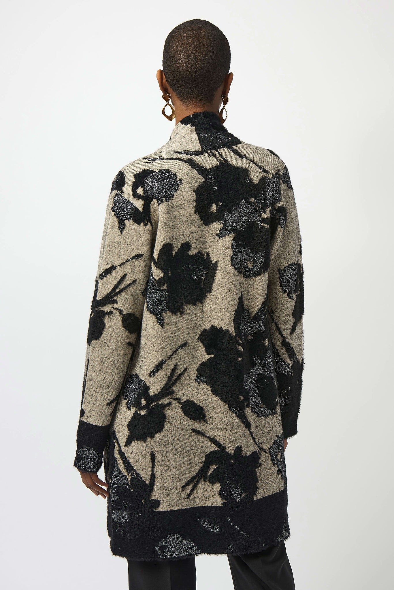 joseph ribkoff abstract jacquard sweater knit long cardigan in taupe & black
