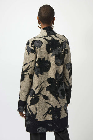 joseph ribkoff abstract jacquard sweater knit long cardigan in taupe & black