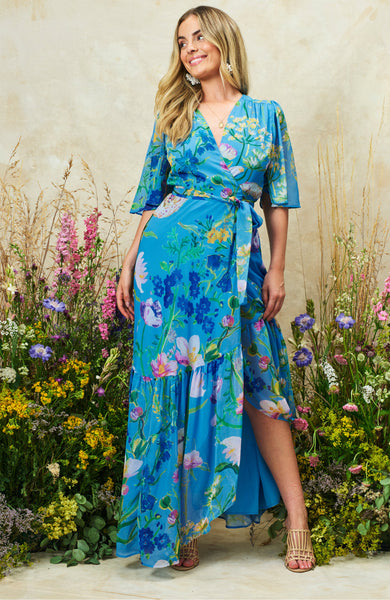 hope & ivy alyssa wrap dress in blue  Lisa Baker Boutiques