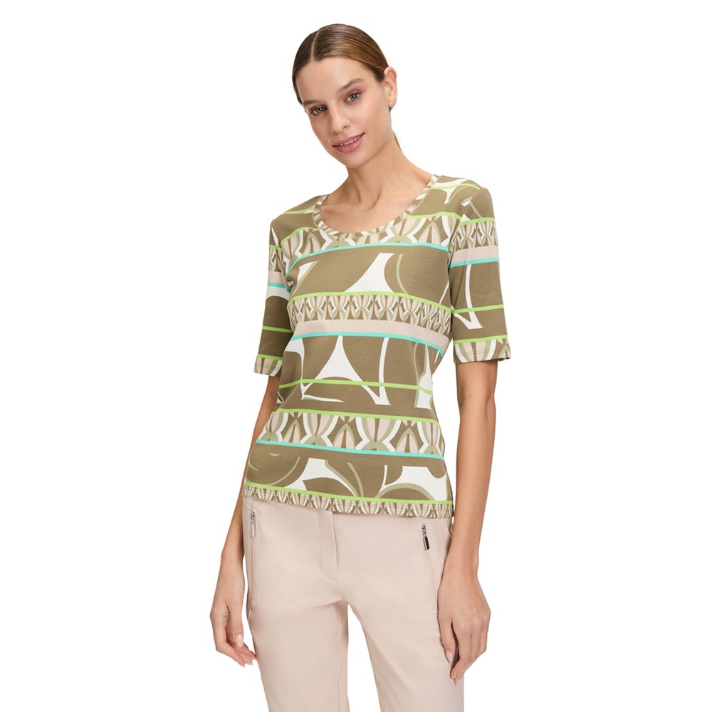 Betty Barclay Multi Print Round Neck Ribbed Top Khaki