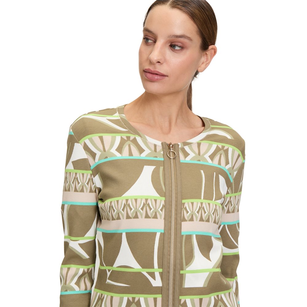 Betty Barclay Multi Print Ribbed Zip Jacket in khaki green