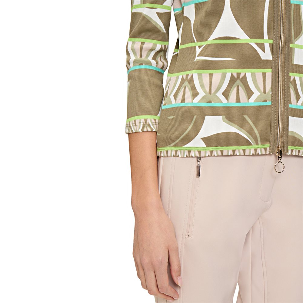 Betty Barclay Multi Print Ribbed Zip Jacket in khaki green