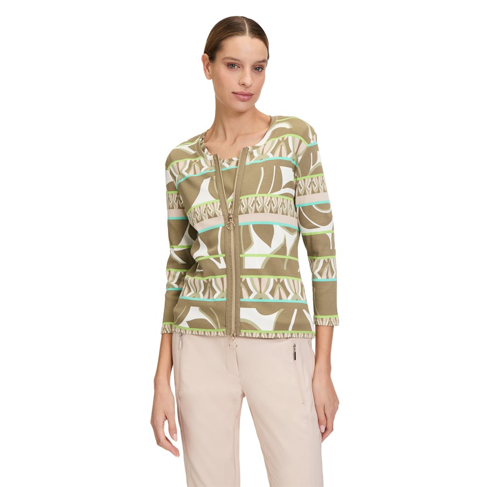 Betty Barclay Multi Print Ribbed Zip Jacket in khaki green