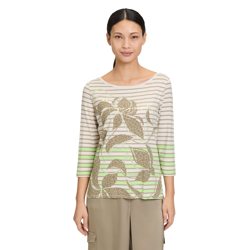 Betty Barclay Striped Top With Leaf Print Design in khaki green