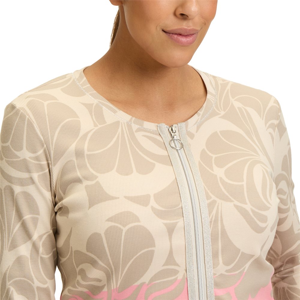 Betty Barclay Zip Up Jacket Oversized Floral Print With Contrast Hem in beige
