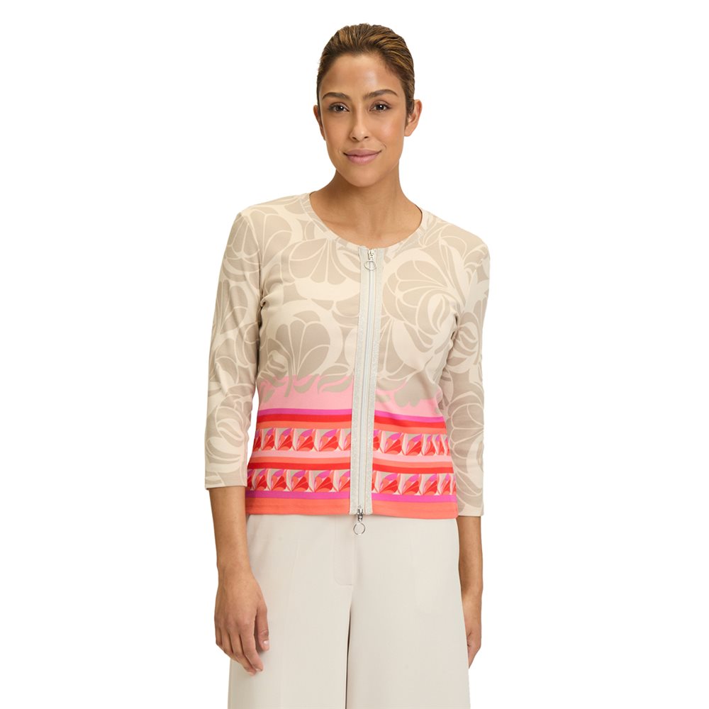 Betty Barclay Zip Up Jacket Oversized Floral Print With Contrast Hem in beige