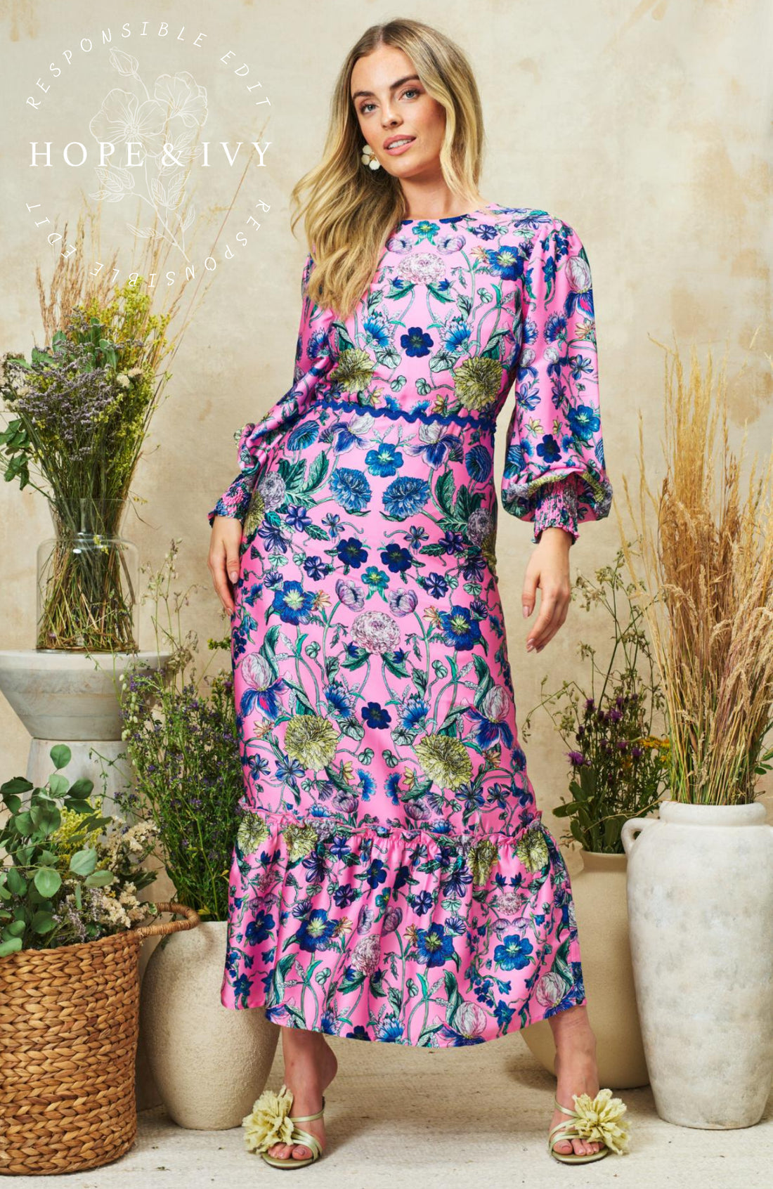 hope & ivy camellia print dres in pink  Lisa Baker Boutiques