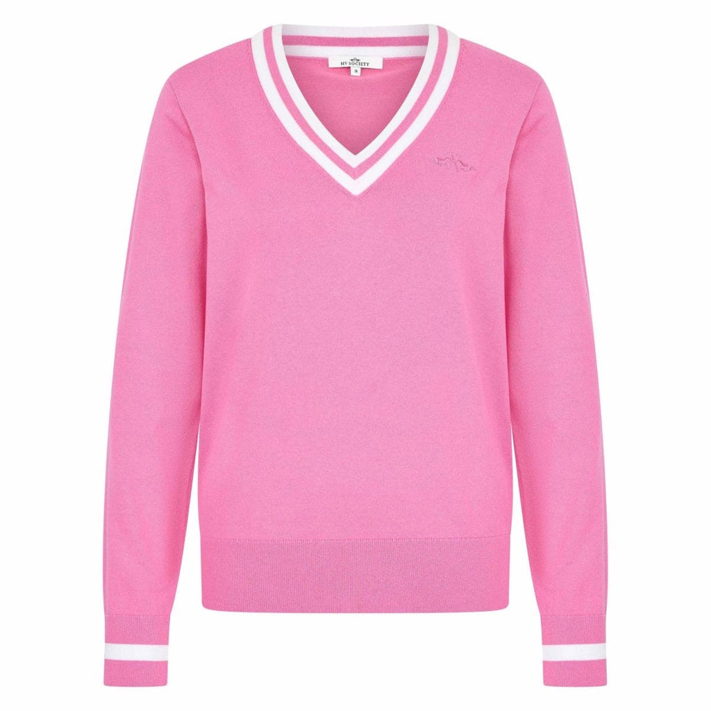 <p><span>HV Society Rhea vneck knit jumper in pink and white</span></p>