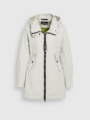 Creenstone Britha parka style jacket with black zip detailing and large pockets in a mint/grey tone