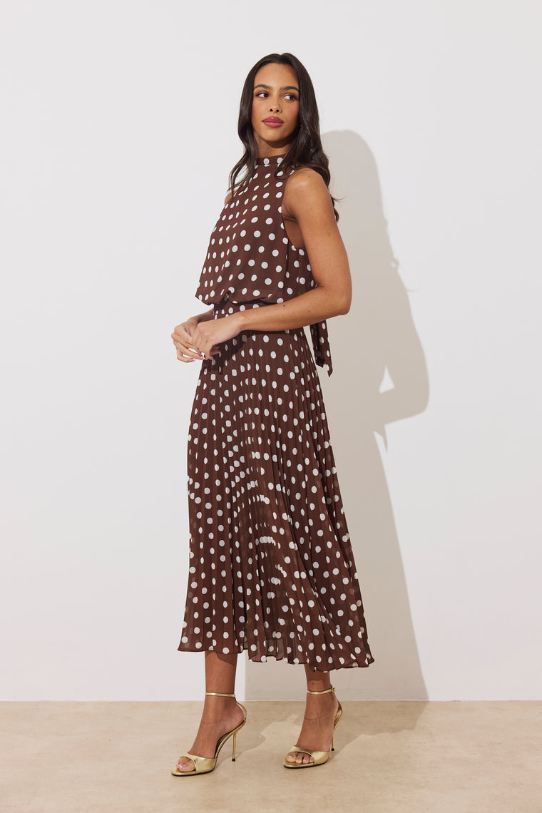 8th sign milly pleat dress with polkadot print in brown & white – Lisa  Baker Boutiques