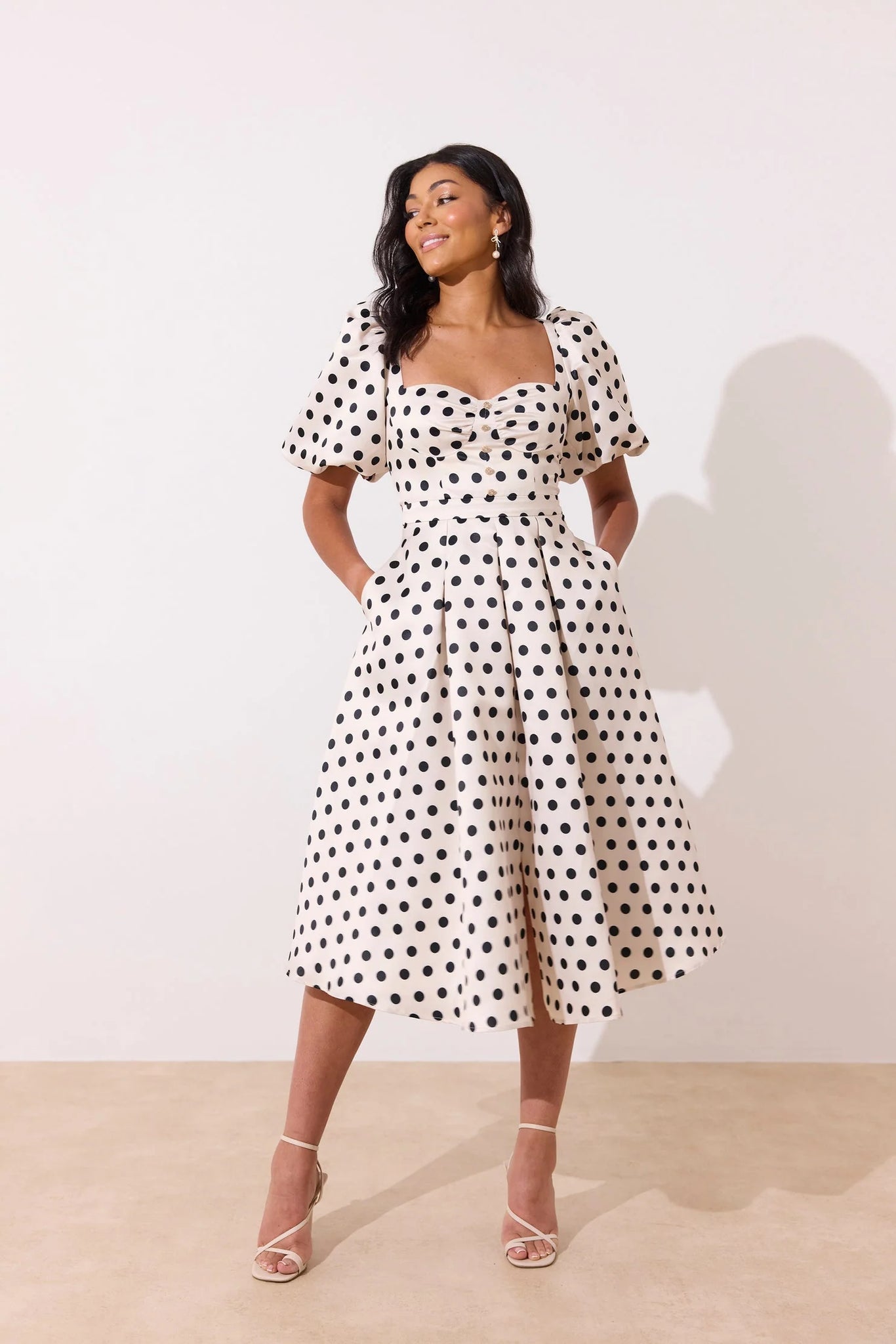 8th sign audrey dress with polkadot print in champagne & black
