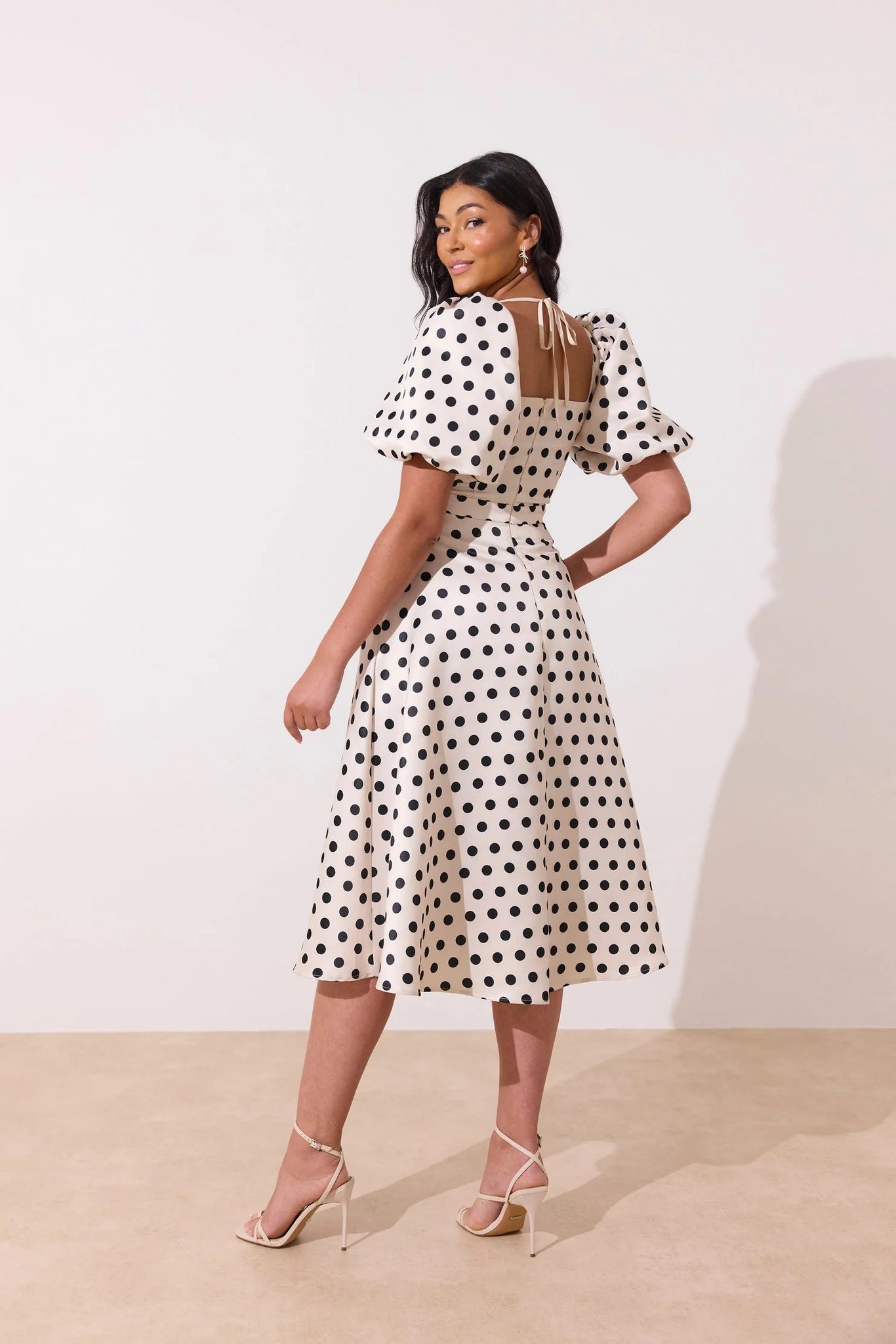 8th sign audrey dress with polkadot print in champagne & black