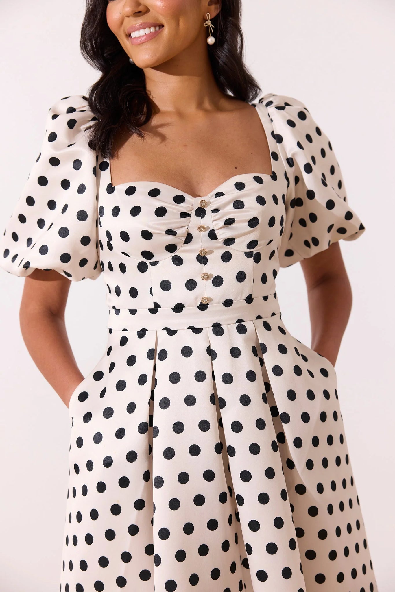 8th sign audrey dress with polkadot print in champagne & black