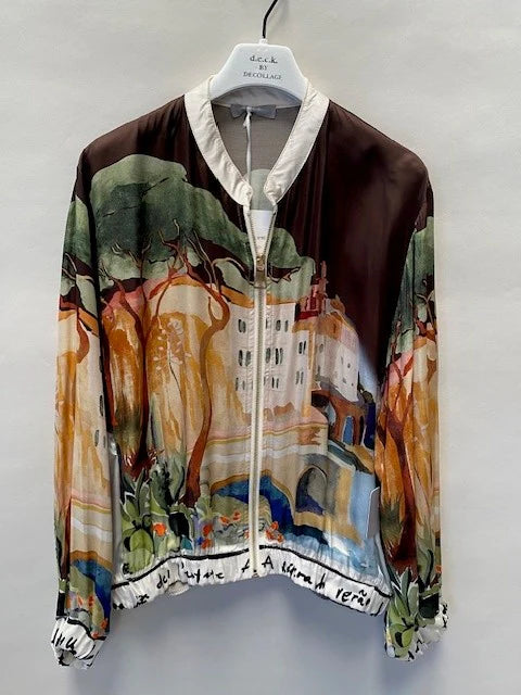 deck printed silk bomber jacket in brown
